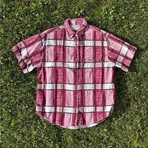Vtg Citi-Craze Sophisticates S/S Button-Up Shirt Womens M Red Wht Plaid Abstract